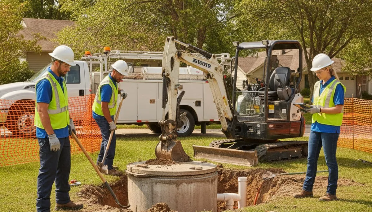 Septic repair technician servicing Mansfield, MA plumbing system for a residential home