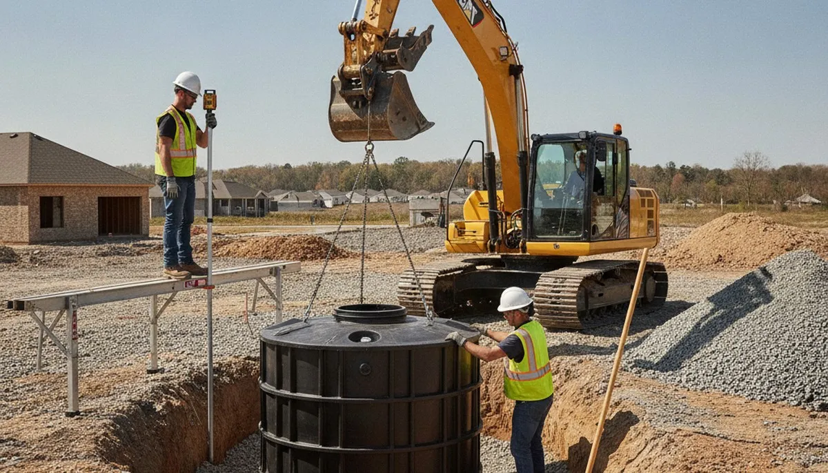 Mansfield, MA plumbers installing a septic tank for a home, with excavation and plumbing equipment